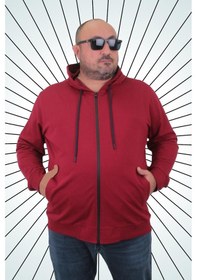 Resim Mocgrande Büyük Beden Basic Mevsimlik Fermuarlı Kapüşonlu Sweat 22751 Bordo-Bordo 