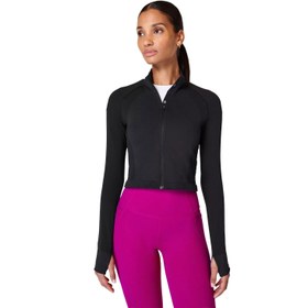 Resim Sweaty Betty Athlete Crop Seamless Workout Zip Up Kadın Siyah Koşu Ceketi 