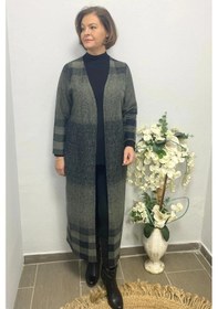 Resim Mia Butik Büyük Beden Haki Siyah Kare Desenli Uzun Hırka Haki 