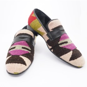 Resim Erkek Pembe Geometrik Desenli El Yapım Kumaş Kösele Tabanlı Kilim Klasik Ayakkabı 