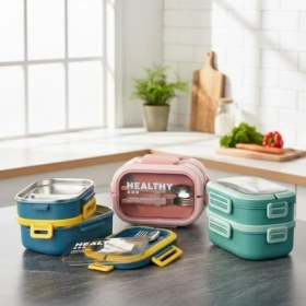 Resim Storemax 2 Katlı 4 Bölmeli Paslanmaz Çelik Yemek Kabı 18/10 (304 Kalite) Çelik Iç Hazneli, Sızdırmaz Termal Yemek Termosu | Çatal Kaşık Dahil, Sağlıklı ve Taşınabilir Bento Box (Yeşil) 