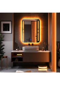 Resim Drayno Amber Led'li Lazer Kumlamalı Lavabo & Banyo Aynası Dokunmatik Sensörlü 70 X 45 Turuncu 