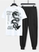 Resim CLAYES Dragon Beyaz T-shirt Siyah Eşofman Altı Jogger- Baskılı Alt Üst Eşofman Takım Oversize Bisiklet Yak 