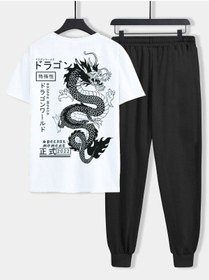 Resim DUBU BUTİK Dragon Beyaz T-shirt Siyah Eşofman Altı Jogger- Baskılı Alt Üst Eşofman Takım Oversize Bisiklet Yak 