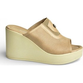 Resim Fox Shoes Y555250703 Bej Hakiki Deri Dolgu Topuklu Kadın Terlik Bej 