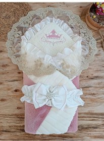 Resim Yenidoğan Wool Yün Kumaş Taç Nakışlı Güpür Duvaklı Fiyonk Prizma Taş Unisex Kundak Bebek Battaniyesi Pembe 