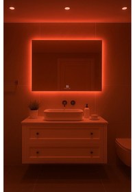 Resim Digital Hayat Dokunmatik Dimlenebilir Kırmızı Led Işıklı Dikdörtgen Ayna Dekoratif Banyo Makyaj Aynası Yatay Ve Dikey Kullanım 30x50cm - 60x80cm Kırmızı 