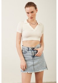 Resim Park Karon Kadın Beyaz Polo Yaka Basic Crop Body BEYAZ 