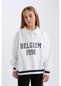 Resim DeFacto Kız Çocuk Oversize Geniş Kalıp Polo Yaka Baskılı İçi Yumuşak Tüylü Sweatshirt D3497A824WNWT34 Beyaz 