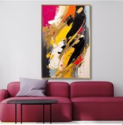 Resim Yağlı Boya Dokulu Tablo Sarı Siyah Fuşya Soyut Altın Çerçeveli U08036-179042 