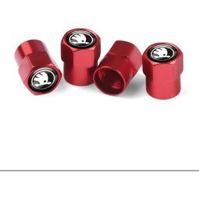 Resim İKTUNING SKODA SİYAH LOGOLU ALÜMİNYUM KAPLAMA 4 ADET SİBOP KAPAK (KIRMIZI) 