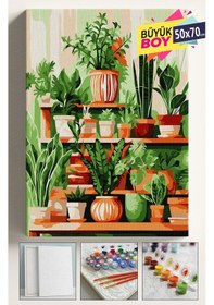 Resim Sayılarla Boyama Seti Numaralı Tuval Fırça Boya Dahil Kasnaklı Set 50x70 Cm - Kaktüs Raf Çiçekler 