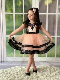 Resim MODAVALS PAYET VE DANTEL İŞLEMELİ TÜL DETAYLI BELDE FİYONK DETAYLI KIZ ÇOCUK ABİYE VE TOKA KOMBİN 