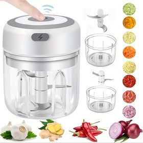 Resim 1 adet USB Şarj Edilebilir Elektrikli Mini Doğrayıcı, 100/250ml Kapasite, Kablosuz, Dayanıklı Plastik Gövde, 1200 RPM Motor, Soğan, Biber, Kereviz, Zencefil için İdeal - Doğrayma, Piknikler ve Doğum Günü Hediyeleri için Mükemmel Mutfak Aleti, Yiyecek Hazırlığı | Şık Beyaz Tasarım | Dayanıklı Plastik Yapı, Mini Yiyecek Doğrayıcı 