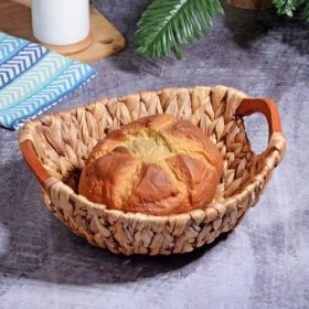 Resim Kosova Wicker Serisi Bezli Yuvarlak Ahşap Kulplu Hasır Ekmek Sepeti 