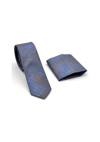 Resim Gaffy Mavi Kare Desenli Koyu Gri Dokuma Kumaş Mendilli Slim Fit Kravat // SDK-240104 Koyu Gri 
