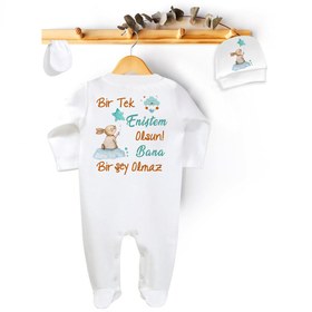 Resim Niles Baby design for baby Bir Tek Eniştem Olsun Bana Bir Şey Olmaz Yazılı Tulum Set (tulum Bere Eldiven) 