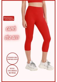 Resim Missmaral Kadın Kapri Tayt Kırmızı Diz Altı Yüksek Bel Toparlayıcı Dar Paça Karyoka Dikiş Detaylı Capri 1020 Kırmızı 