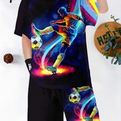 Resim Erkek Çocuklar için 2 Parça Futbol Oyuncusu Baskılı Kıyafet, Yuvarlak Yaka T-Shirt ve Şort Takımı, Polyester ve Spandex, Normal Beden, Örme Kumaş, Esnek, Günlük ve Dış Mekan Aktiviteleri için Rahat Yaz Giyimi, Dış Mekan için 