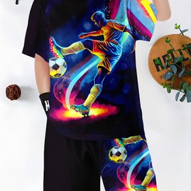 Resim Erkek Çocuklar için 2 Parça Futbol Oyuncusu Baskılı Kıyafet, Yuvarlak Yaka T-Shirt ve Şort Takımı, Polyester ve Spandex, Normal Beden, Örme Kumaş, Esnek, Günlük ve Dış Mekan Aktiviteleri için Rahat Yaz Giyimi, Dış Mekan için 