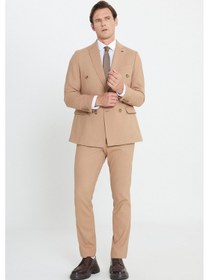 Resim Ac&Co / Altınyıldız Classics Erkek Cml Slim Fit Dar Kesim Kırlangıç Yaka Beli Bağlamalı Çizgili Esnek Kruvaze Takım Elbise Cml Camel 