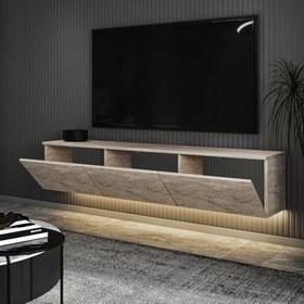 Resim Neon LED Işıklı Duvara Monte, 3 Kapaklı TV Sehpası - 160 cm - Modern Tasarım, Traverten Desen 