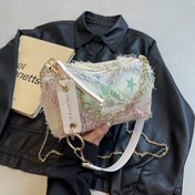 Resim Kadınlar için Renk Bloklu Çapraz Vücut Çantası, Çıkarılabilir Zincir Askılı & Fermuarlı Kapatma - Harf Baskılı & Dantel Süslemeli Tasarım, Dayanıklı Polyester Günlük Çanta İşe Gidiş-Dönüş, Alışveriş, Trend Aksesuar 