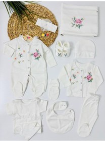 Resim Alpbebe Kanaviçe Çiçek Nakışlı 10 Lu Hastane Çıkışı Set - Krem Krem 