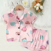 Resim Yeni Yazlık Karikatür Baskılı Bebek Kız Kısa Kollu Şortlu Pijama Takımı Klima İçin 