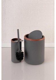 Resim Ahşap Desenli Sallanır Kapak Çizgili Banyo Çöp Kovası Fırça Seti Gri 