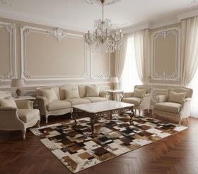 Resim Kahverengi, Siyah ve Bej Tonlu Dana Derisi Patchwork Halı - 80x400 cm 