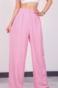 Resim Hazel Kadın Pembe Keten Pile Detaylı Palazzo Pantolon 