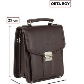 Resim Dada Kilit Mekanizmalı Kahverengi Piremium Orta Boy Erkek El Çantası Omuz Askılı 