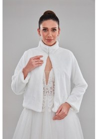 Resim New In Style Dik Yaka Uzun Kol Beyaz Gelin Etol Kürk Bolero Beyaz 