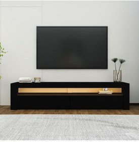 Resim Batı Led Işıklı 2 Kapaklı TV Sehpası 150 cm Minimal Tasarım, Ahşap siyah 