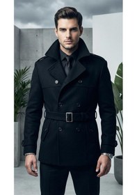 Resim Erkek Kemerli Trençkot Mont Kaşe Kumaş, Kapitone Astarlı, Çift Düğmeli Premium Tasarım Siyah 