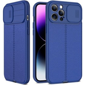 Resim Teleplus iPhone 14 Pro Max Lensi Kamera Korumalı Deri Dokulu Silikon Lacivert Kılıf 
