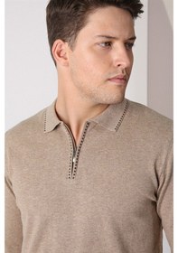 Resim Ferraro Bej Polo Yaka Fermuarlı Erkek Pamuk Kazak Bej 