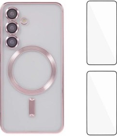 Resim Samsung Galaxy Uyumlu S25 Plus / S25+ Manyetik Kılıf Elektroliz Kaplama Tpu Kapak Lens Filmi + 2 Adet Temperli Cam - Pembe Pembe 