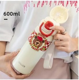 Resim Vagonlife Diller 600ml Sevimli Hayvanlar Desenli Pipetli/Pipetsiz El Askılı Paslanmaz Çelik Termos (Diller Bear) 
