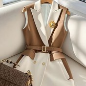 Resim Kadınlar için Şık Renk Bloklu Yelek - Yazlık Hafif Kemerli Altın Düğmeli, Makinede Yıkanabilir Yuvarlak Yaka Blazer Yeleği, Günlük ve Resmi Kıyafetler için, Kıyafet Geliştirici, Yapılı Tasarım, Sofistike Terzilik 