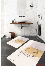 Resim İskandinav Desen Banyo Paspası, Krem Renk Paspas, Kaymaz Taban Banyo Paspası, Klozet Takımı, Yıkanabilir Klozet Takımı, Dekoratif Banyo Paspası, Krem 