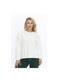 Resim Gidia Kadife Kalp Desenli Ekru Yumuşak Dokulu Regular Fit Bisiklet Yaka Kadın Sweatshirt Ekru 