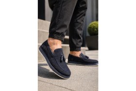 Resim Zueofficial Erkek %100 Süet Deri Lacivert Püsküllü Loafer Ayakkabı - Şık & Günlük Kullanım 