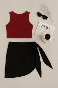 Resim MixmioLife Kadın Bordo Yuvarlak Yaka Crop ve Siyah Pareo 2'li Set 