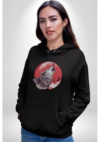Resim Uluyan Beyaz Kurt Kadın Erkek Siyah Kapüşonlu Sweatshirt Hoodie Siyah 