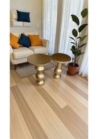 Resim Altın Varak Renk Ahşap Mantar Sehpa Seti 2 Li Dekoratif Yan Sehpa Takımı - Wooden Coffee Table Altın 