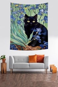 Resim Pelangi Çiçekler İçinde Kara Kedi Leke Tutmaz Kumaş Duvar Örtüsü Duvar Halısı Tapestry PNTR332, 70 x 100 
