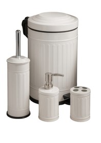 Resim Vintage Dörtlü Siyah Banyo Seti Çöp Kovası Tuvalet Fırçası Diş Fırçalık Sıvı Sabunluk Metal Beyaz 