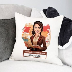 Resim En Başarılı Kadın Sosyal Bilgiler Öğretmeni Karikatürlü Yastık 